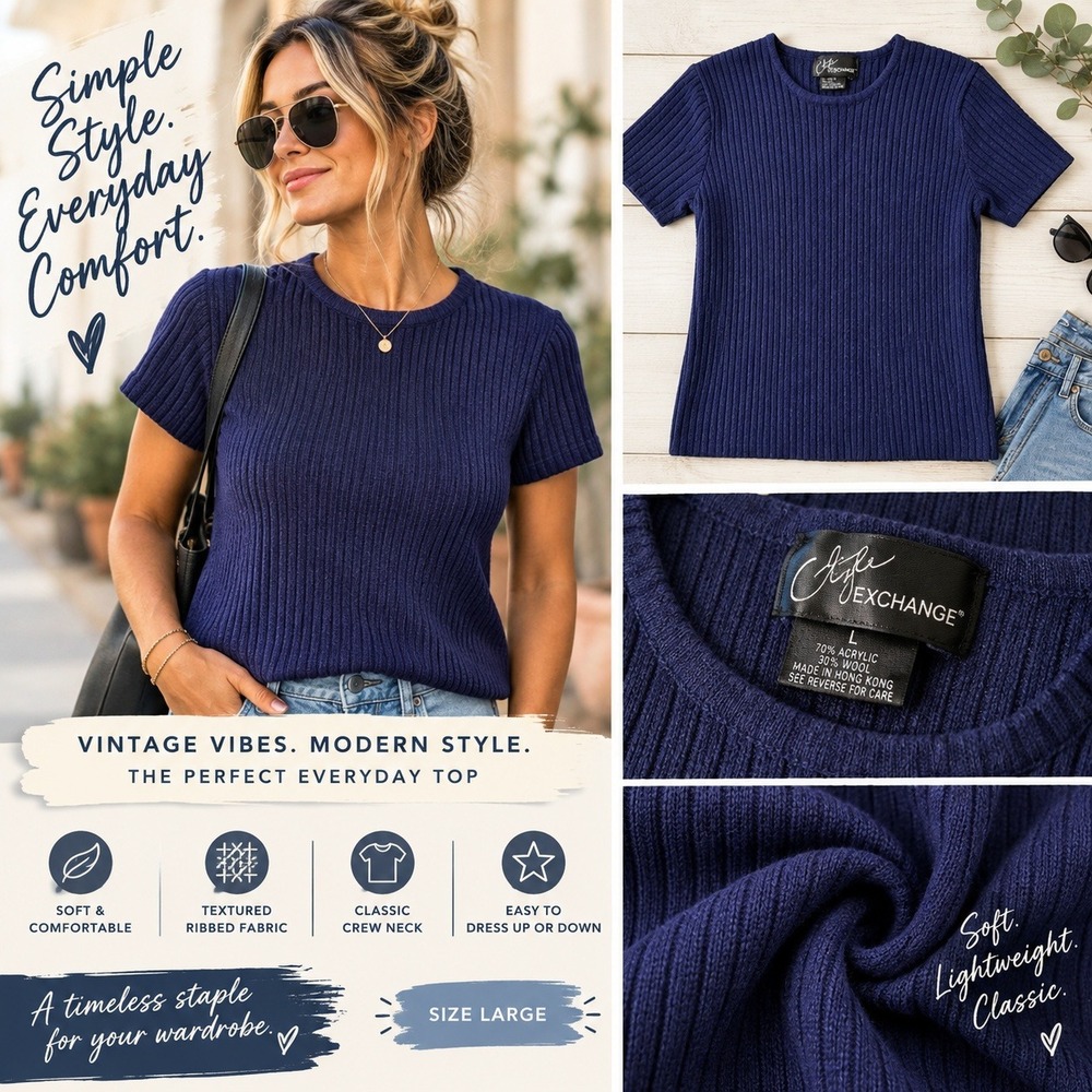 Vintage Style Exchange Women's Navy Ribbed Knit Short Sleeve Sweater Top Size L